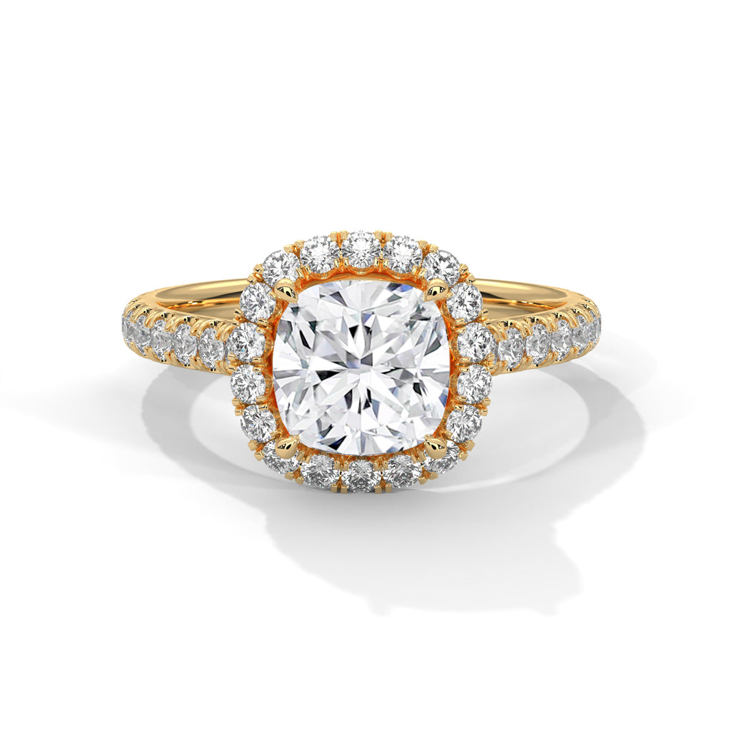 Cushion Cut Halo Moissanite Ring | Pavé Band | 925 Sterling Silver & 18K Plating