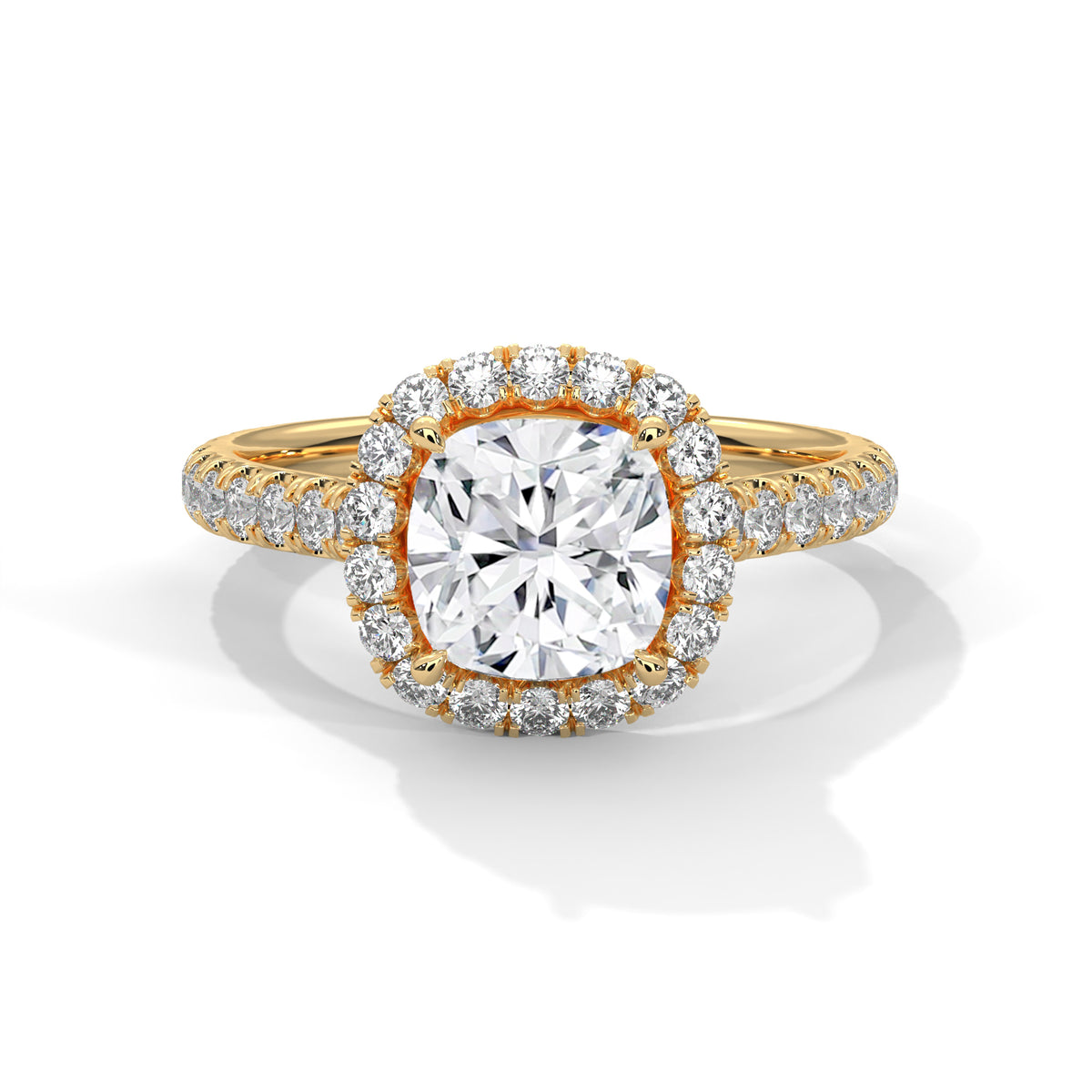 Cushion Cut Halo Moissanite Ring | Pavé Band | 925 Sterling Silver & 18K Plating