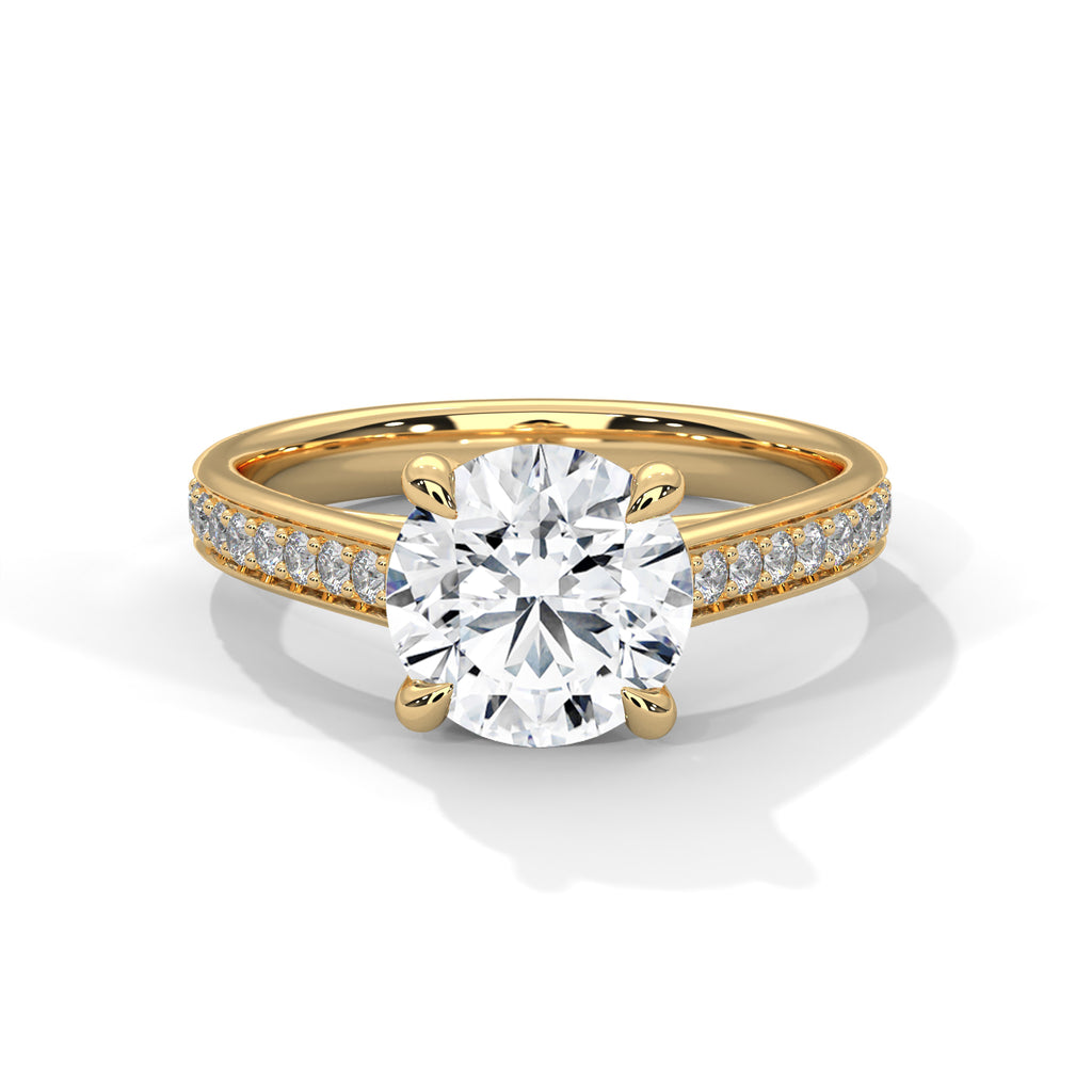 Round Cut Moissanite Solitaire Ring | Pavé Band | 925 Sterling Silver | 18K Plating