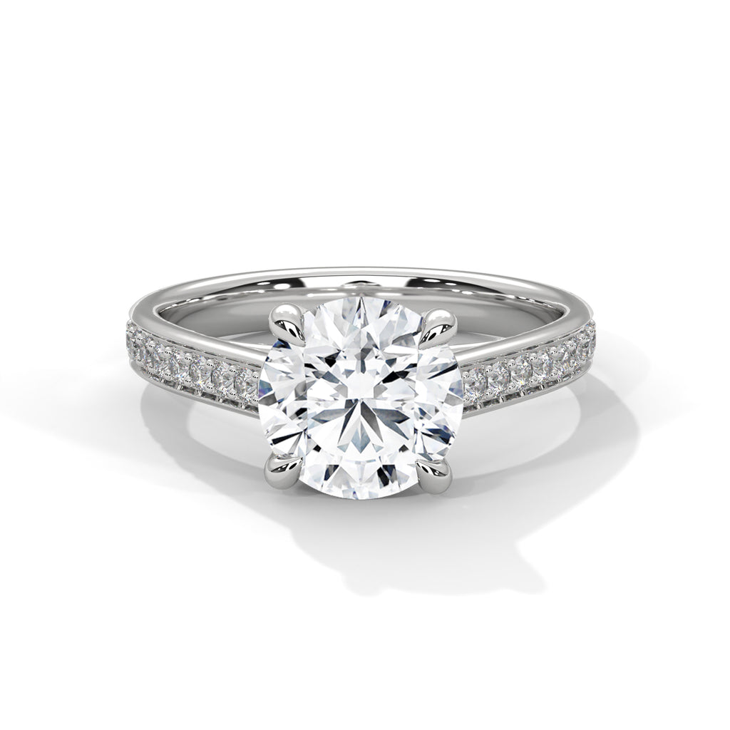 Round Cut Moissanite Solitaire Ring | Pavé Band | 925 Sterling Silver | 18K Plating
