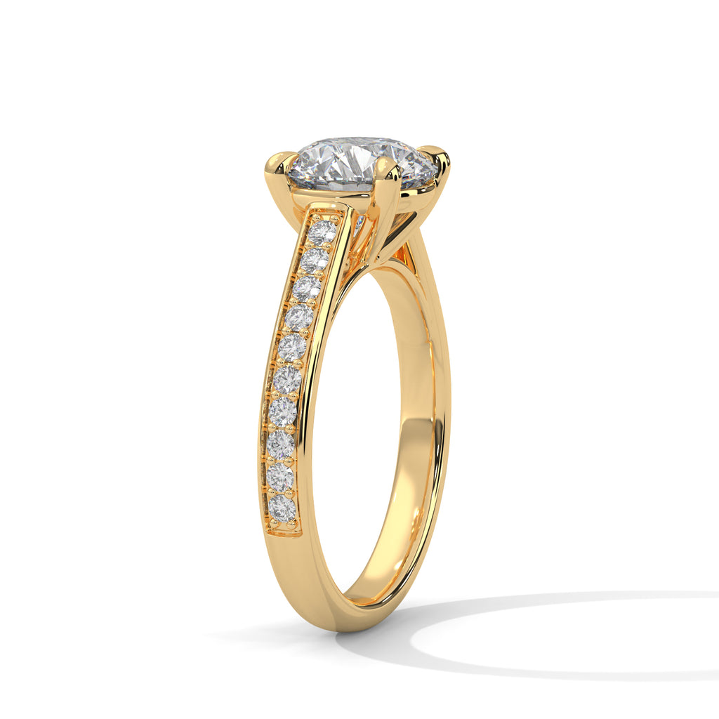 Round Cut Moissanite Solitaire Ring | Pavé Band | 925 Sterling Silver | 18K Plating