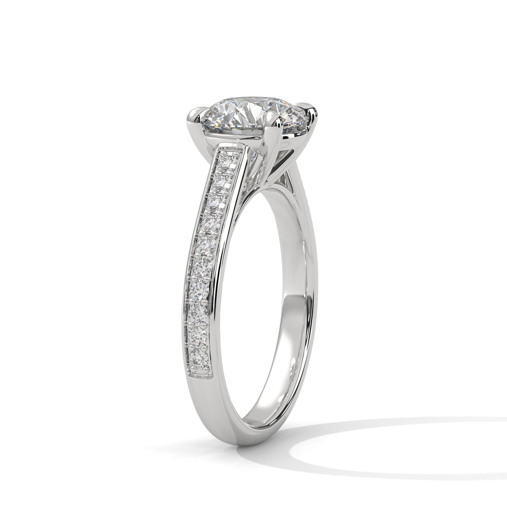 Round Cut Moissanite Solitaire Ring | Pavé Band | 925 Sterling Silver | 18K Plating