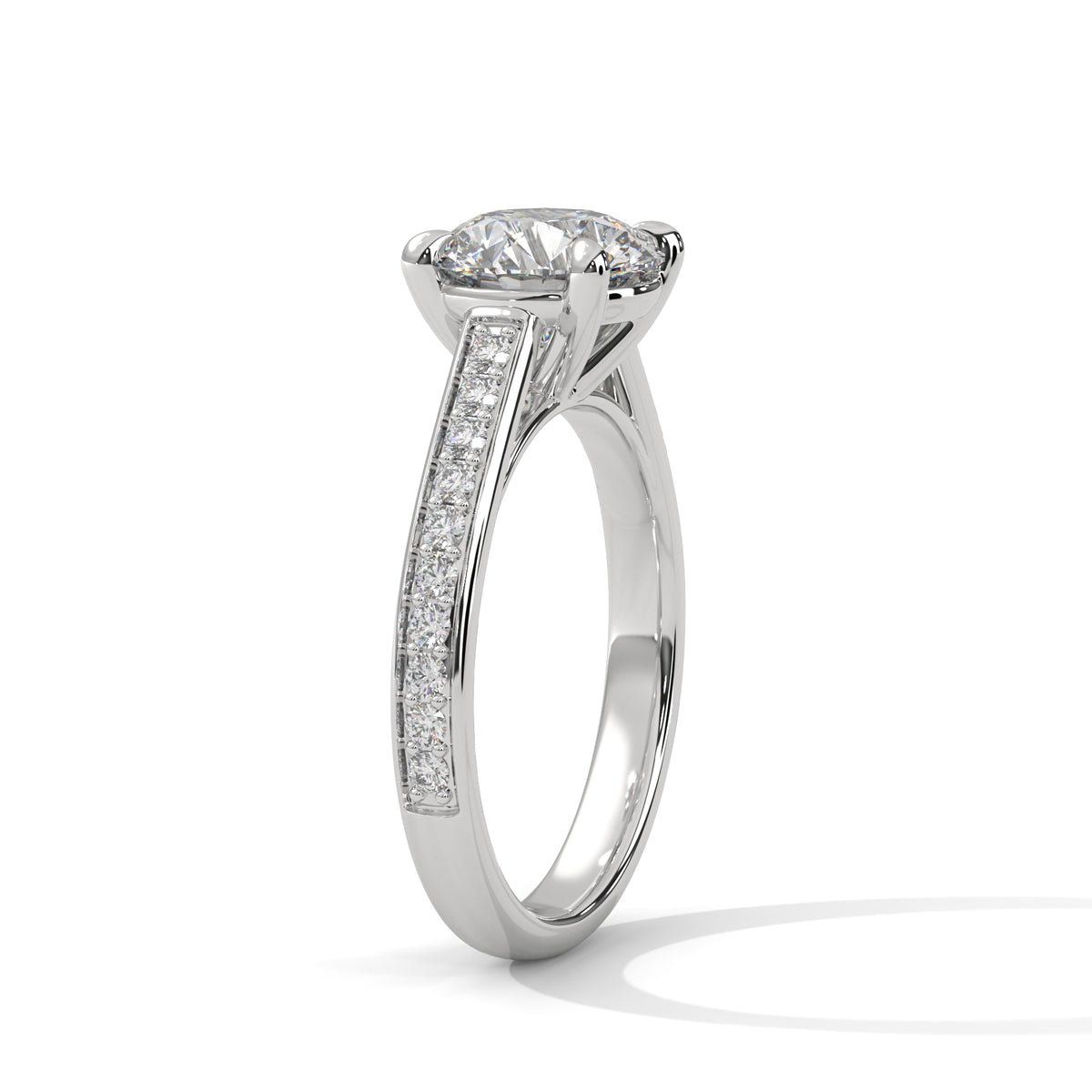 Round Cut Moissanite Solitaire Ring | Pavé Band | 925 Sterling Silver | 18K Plating