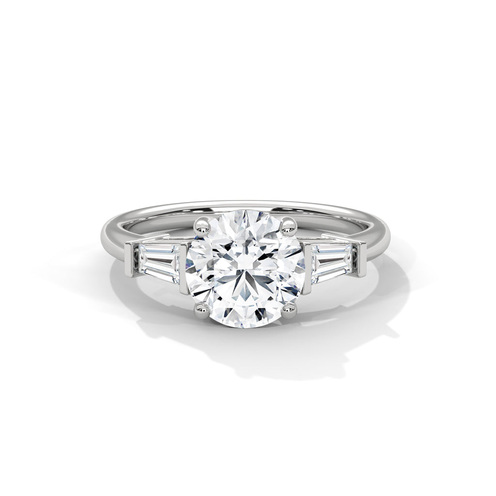 Round Moissanite Ring with Baguette Side Stones | 925 Sterling Silver & 18K Plating