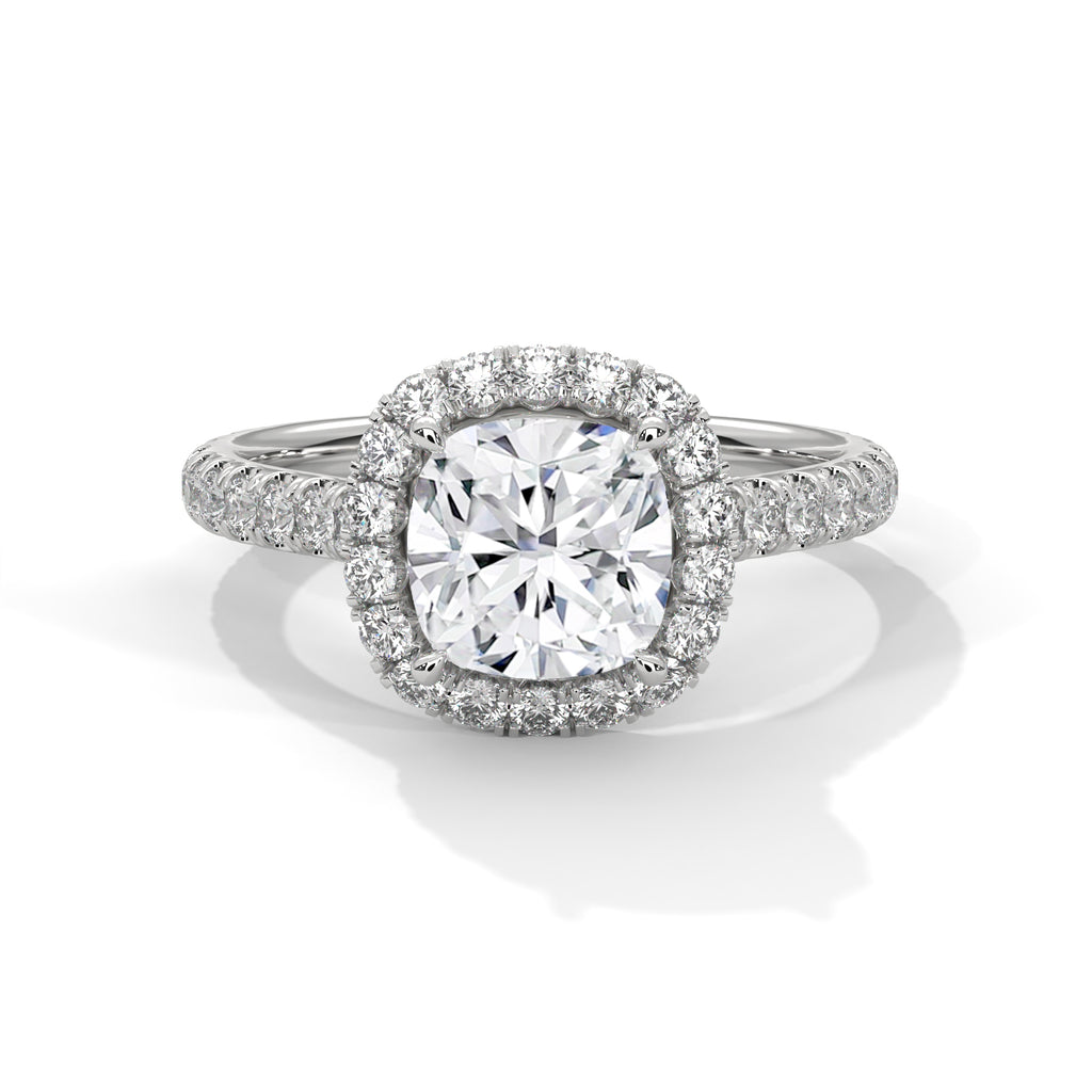 Cushion Cut Halo Moissanite Ring | Pavé Band | 925 Sterling Silver & 18K Plating