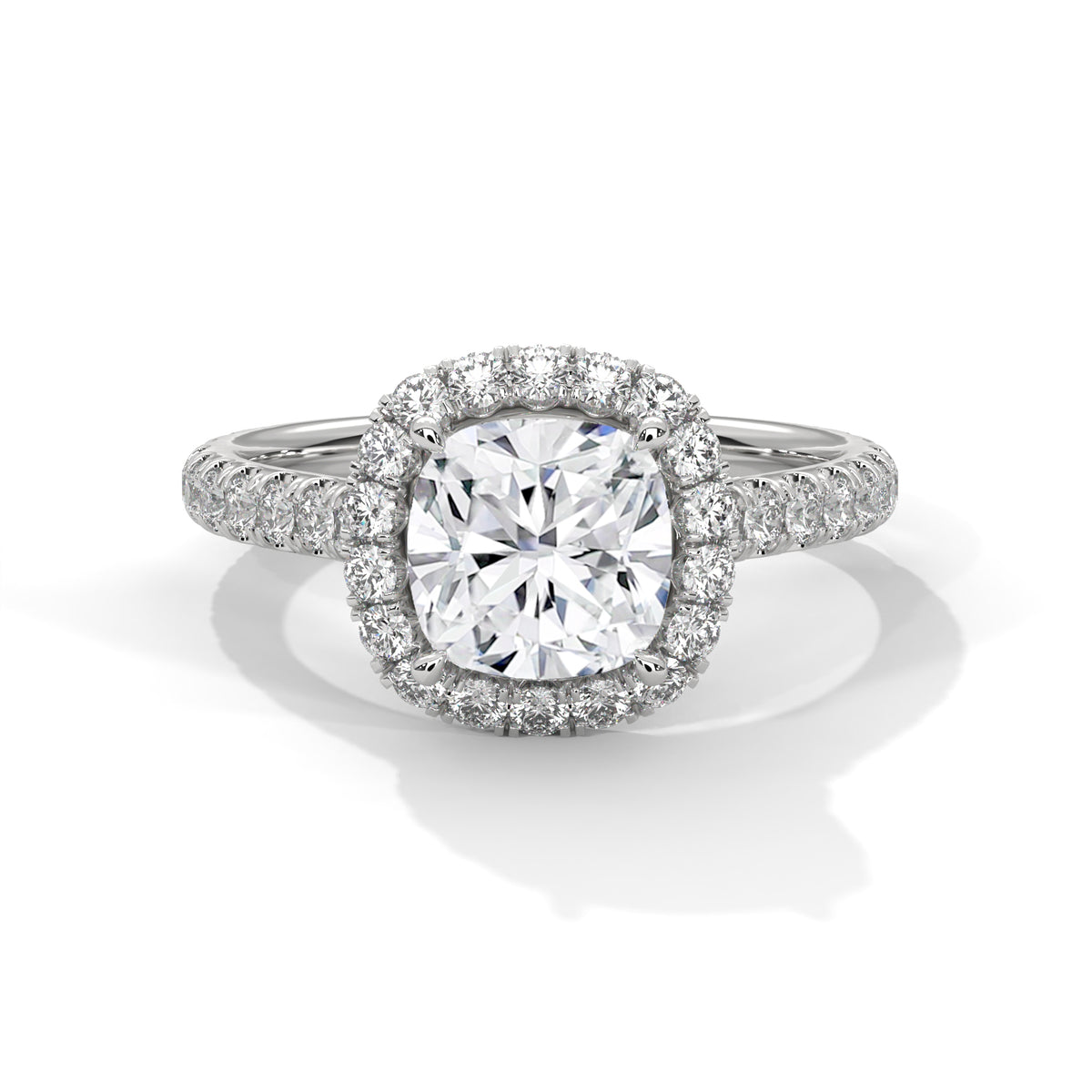 Cushion Cut Halo Moissanite Ring | Pavé Band | 925 Sterling Silver & 18K Plating