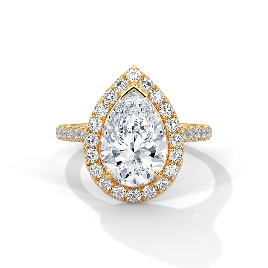 Pear Moissanite Halo Engagement Ring | Pavé Band | 18K Plating