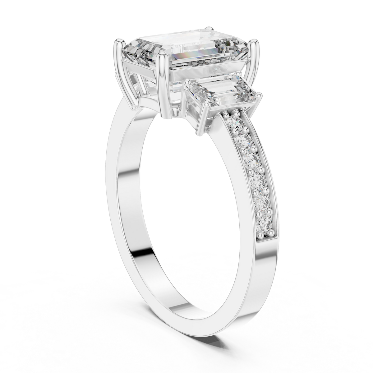 Emerald Cut Three-Stone Engagement Ring | Luxury Pavé Bridal Ring