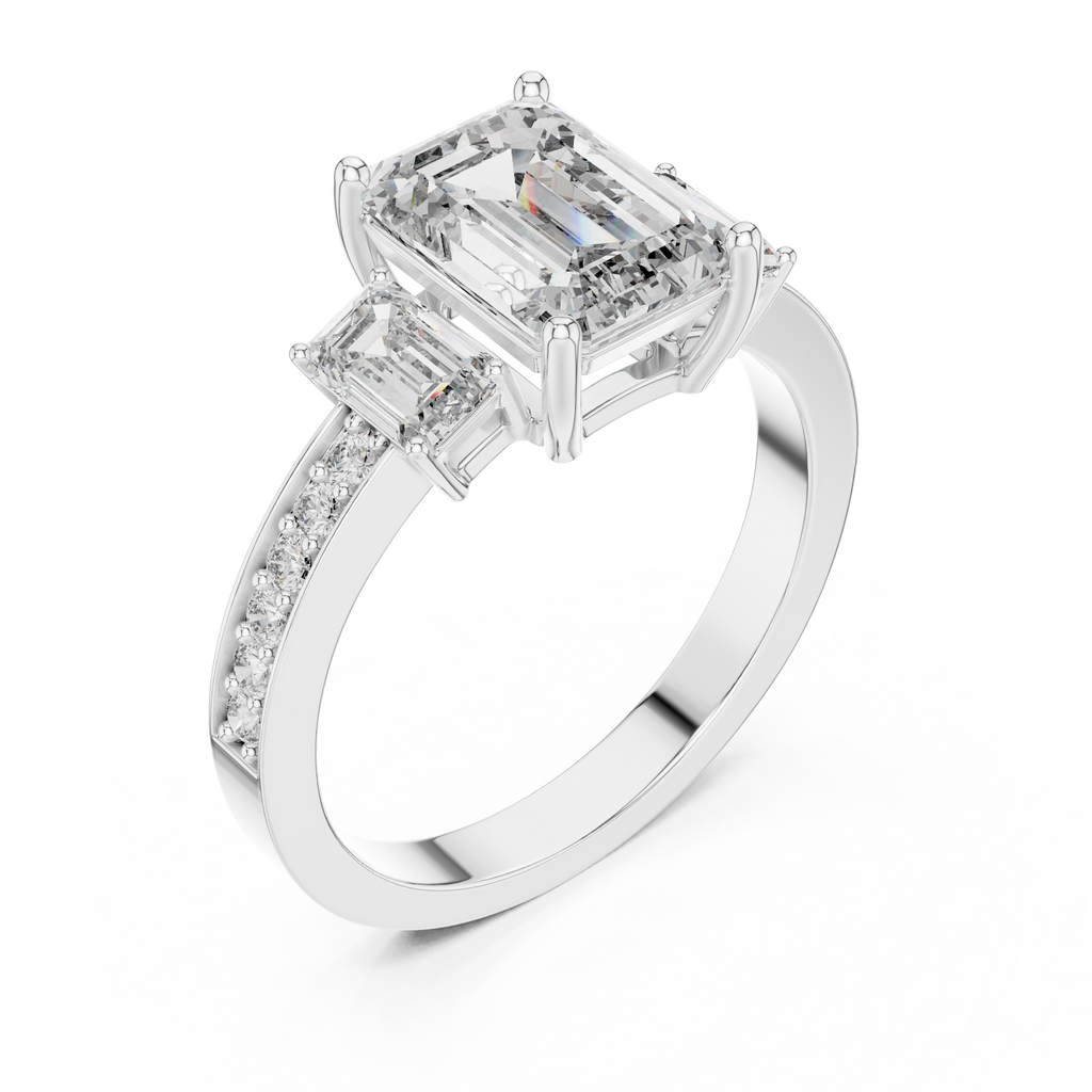 Emerald Cut Three-Stone Engagement Ring | Luxury Pavé Bridal Ring