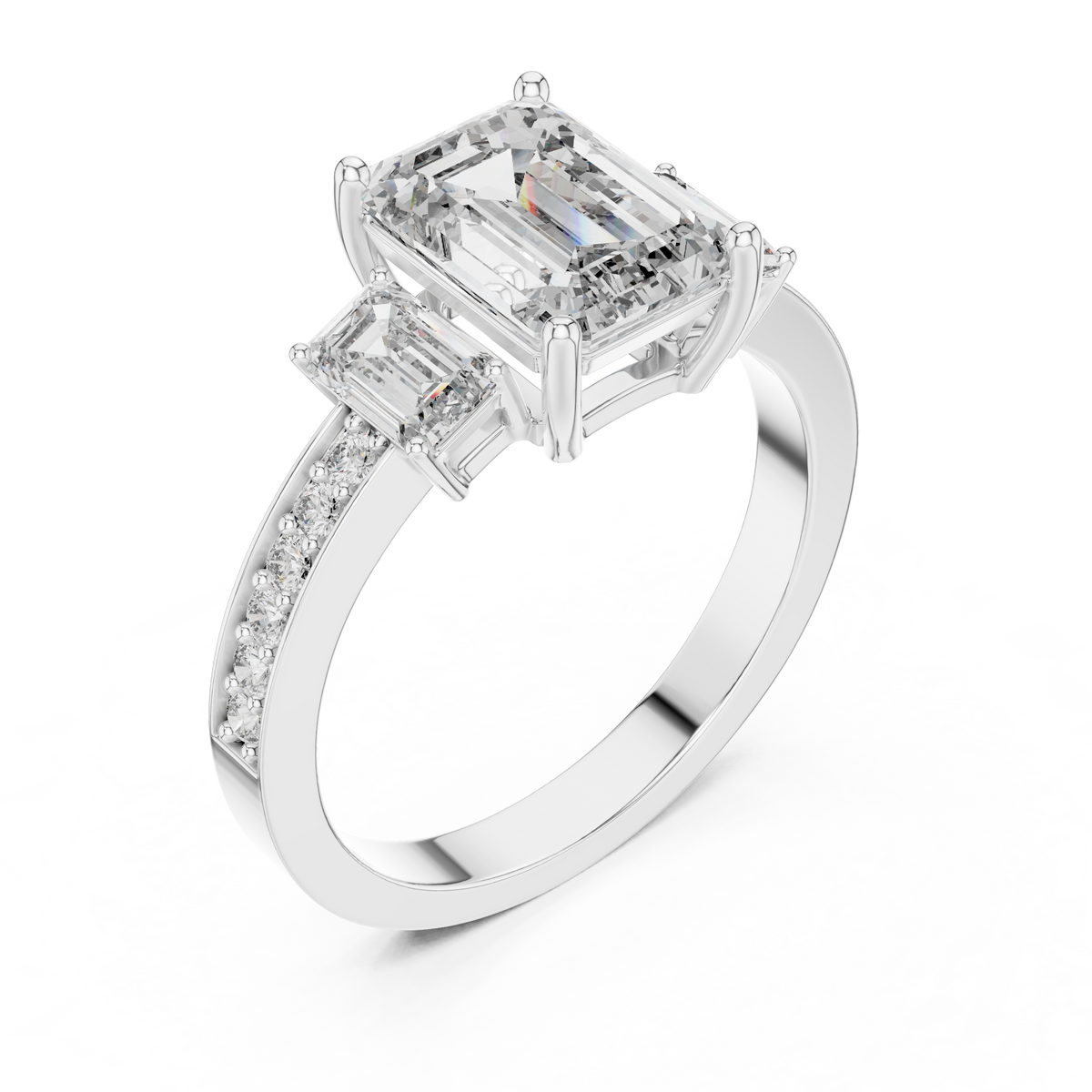 Emerald Cut Three-Stone Engagement Ring | Luxury Pavé Bridal Ring