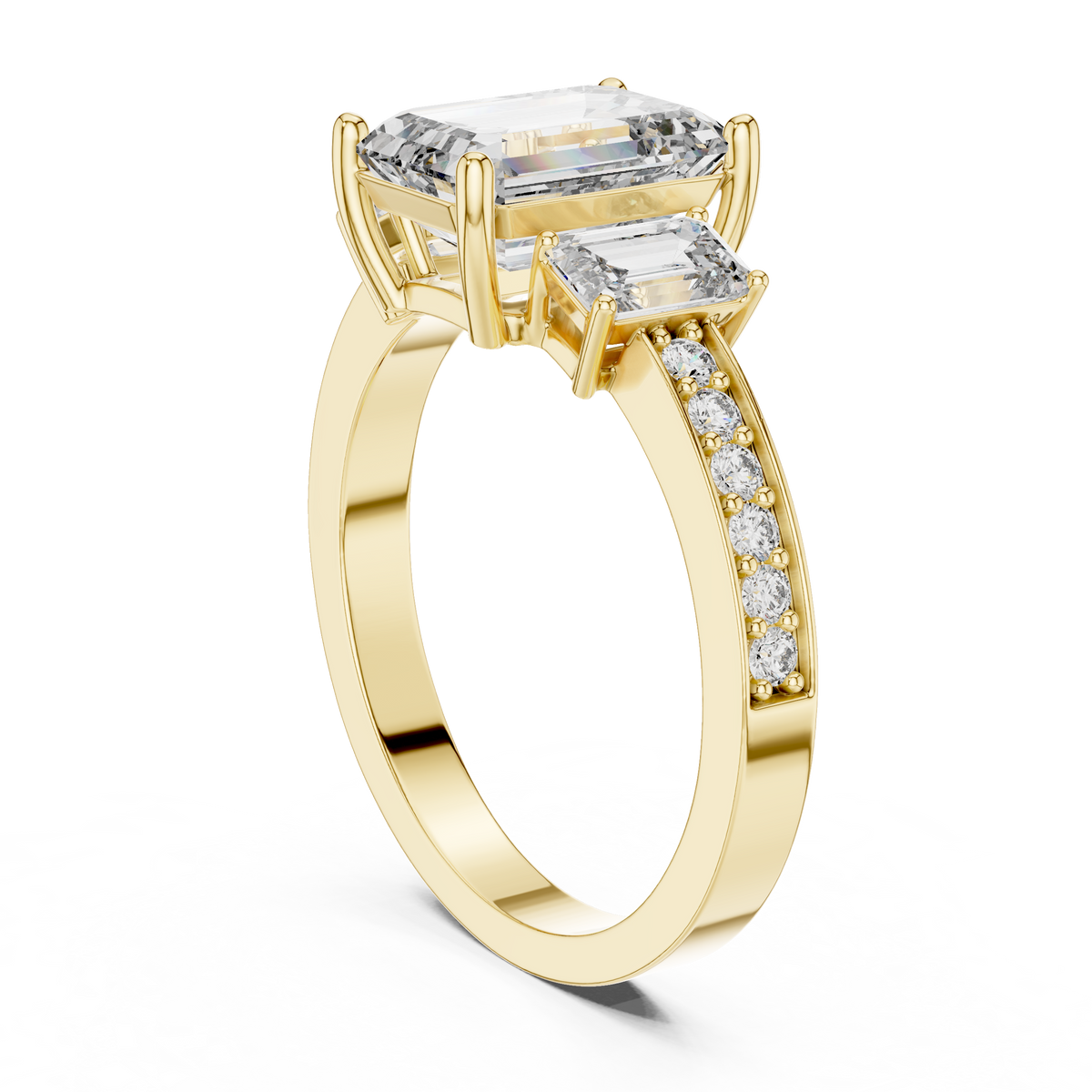 Emerald Cut Three-Stone Engagement Ring | Luxury Pavé Bridal Ring