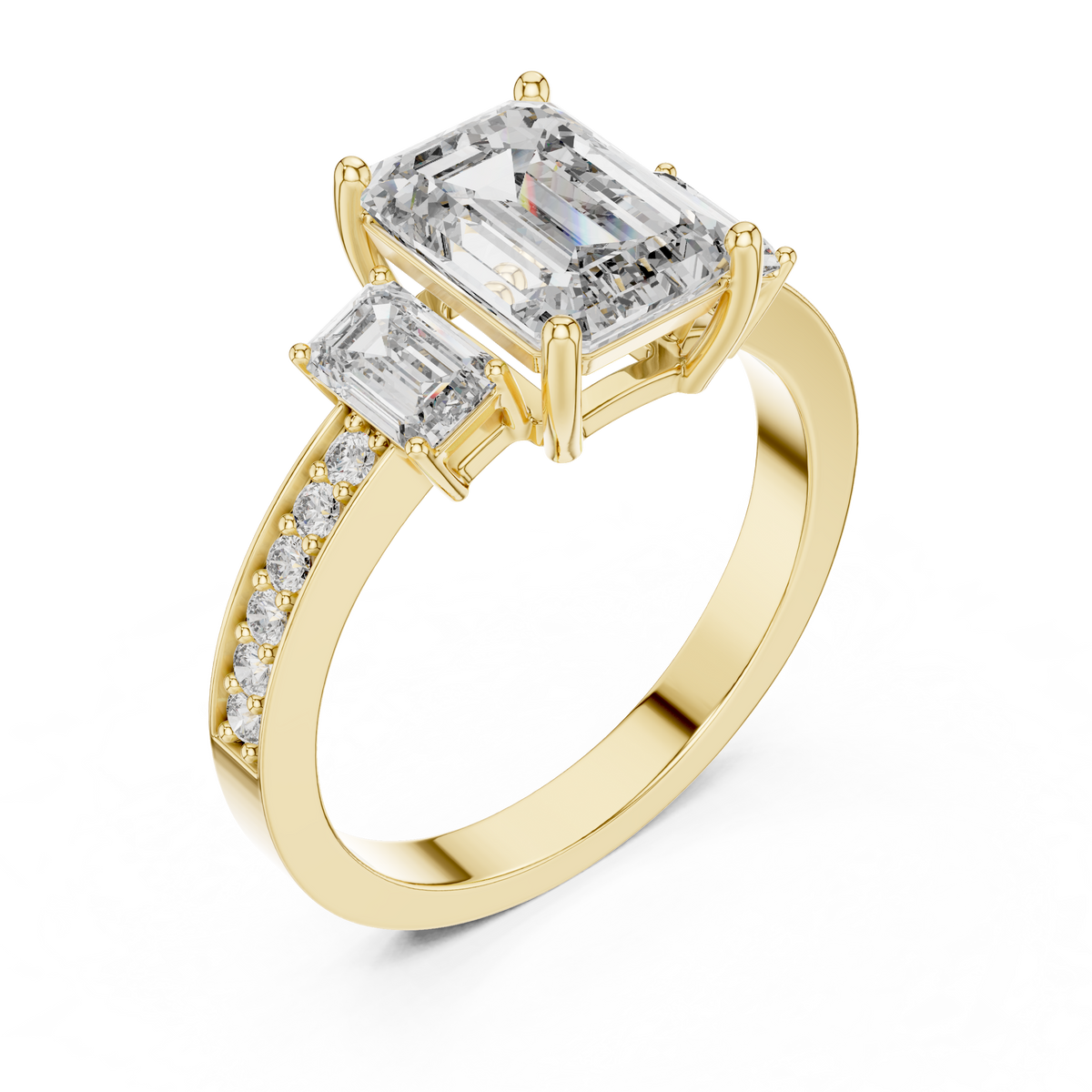 Emerald Cut Three-Stone Engagement Ring | Luxury Pavé Bridal Ring