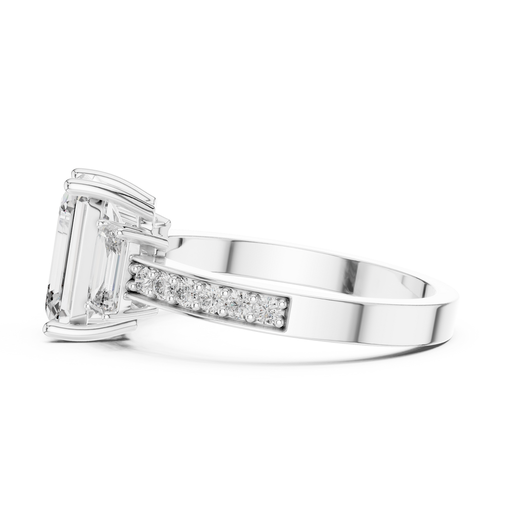 Emerald Cut Three-Stone Engagement Ring | Luxury Pavé Bridal Ring