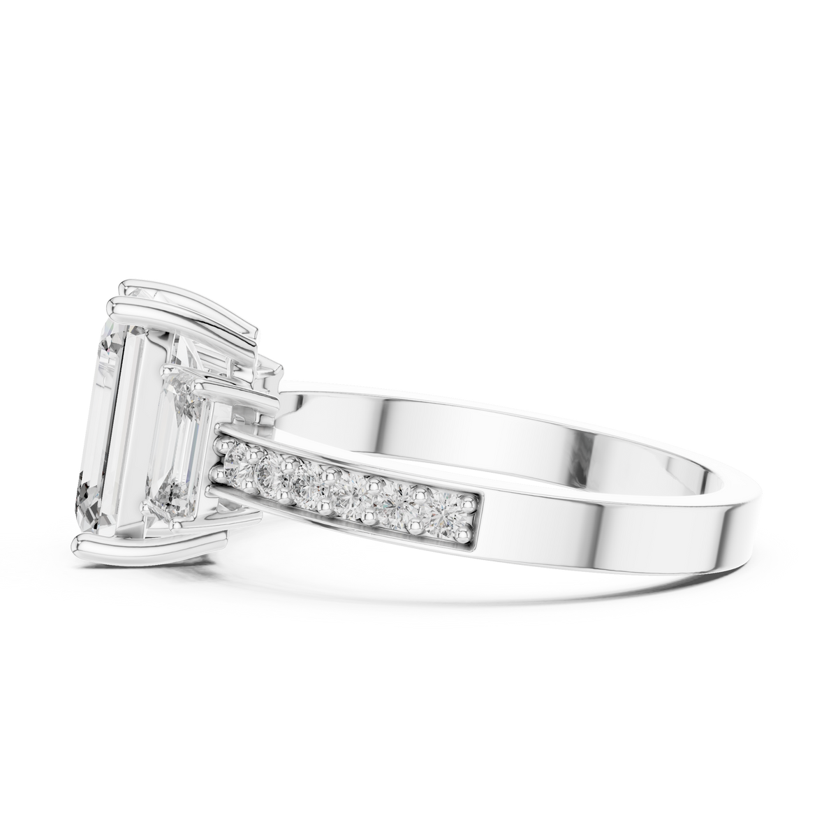 Emerald Cut Three-Stone Engagement Ring | Luxury Pavé Bridal Ring