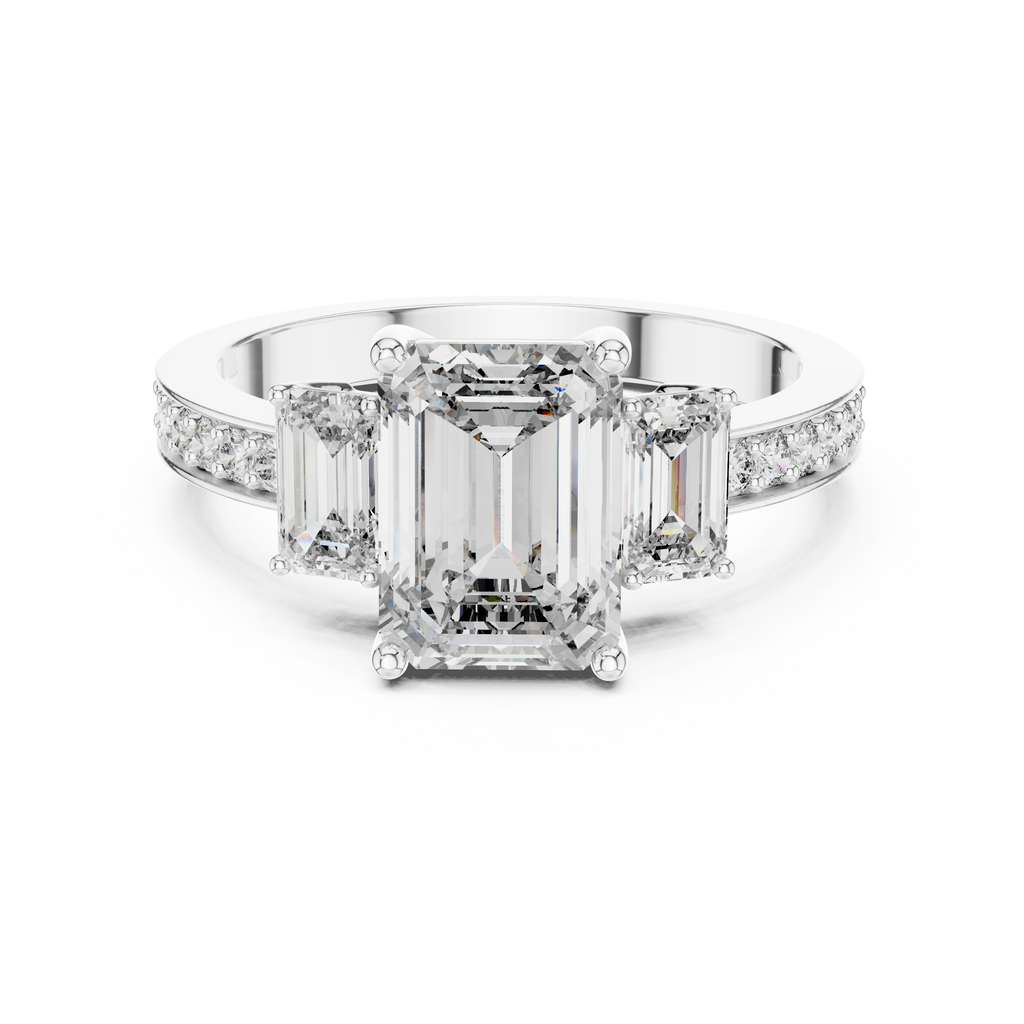 Emerald Cut Three-Stone Engagement Ring | Luxury Pavé Bridal Ring