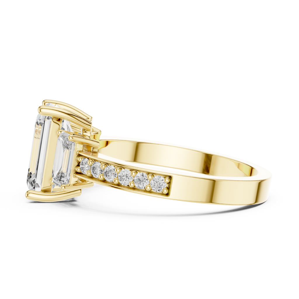 Emerald Cut Three-Stone Engagement Ring | Luxury Pavé Bridal Ring