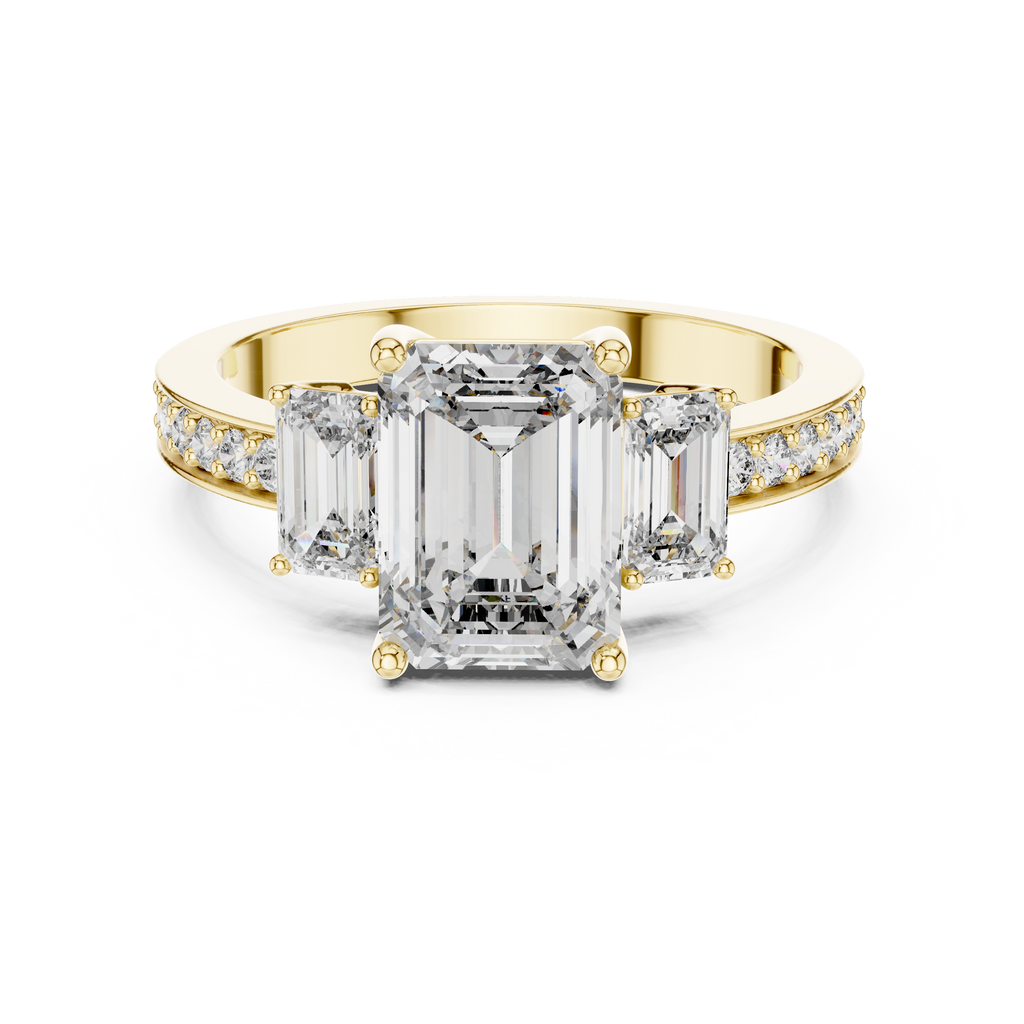 Emerald Cut Three-Stone Engagement Ring | Luxury Pavé Bridal Ring
