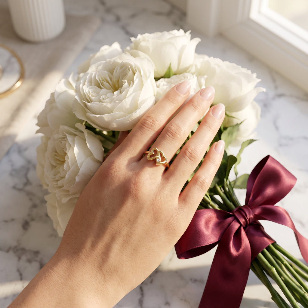 Amora Double Heart Moissanite Ring | 925 Sterling Silver & 18K Gold Plated