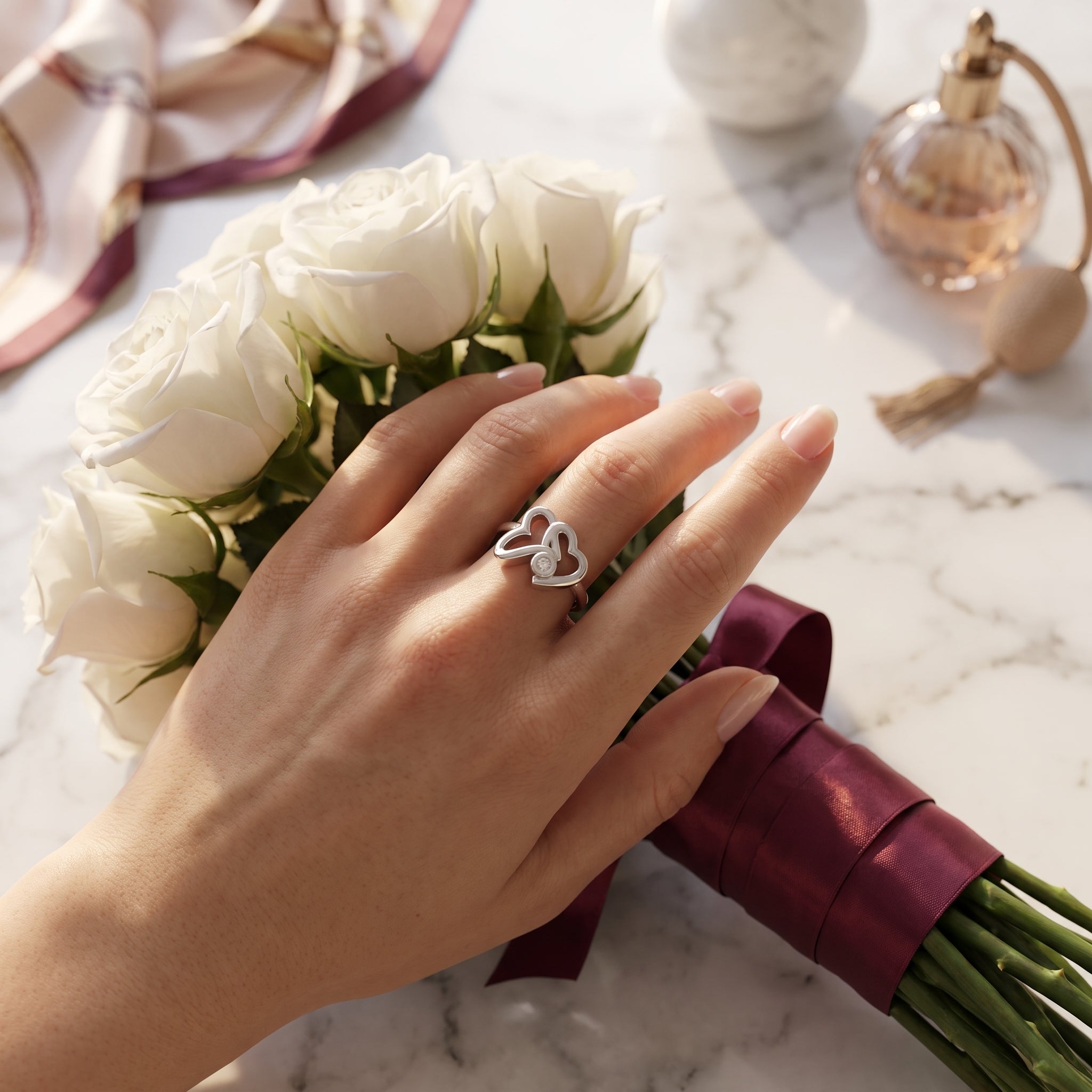 Amora Double Heart Moissanite Ring | 925 Sterling Silver & 18K Gold Plated