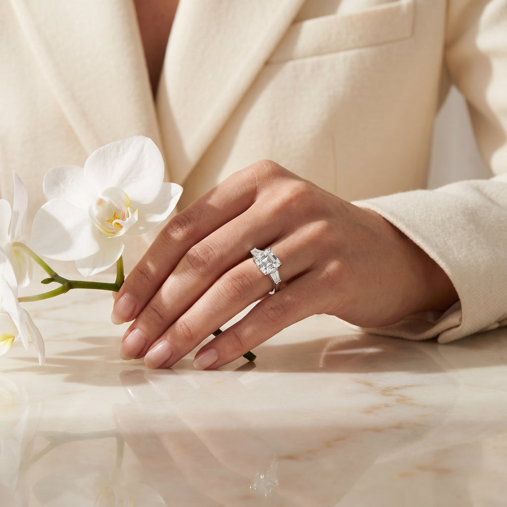 Regal Asscher Cut Three-Stone Moissanite Ring
