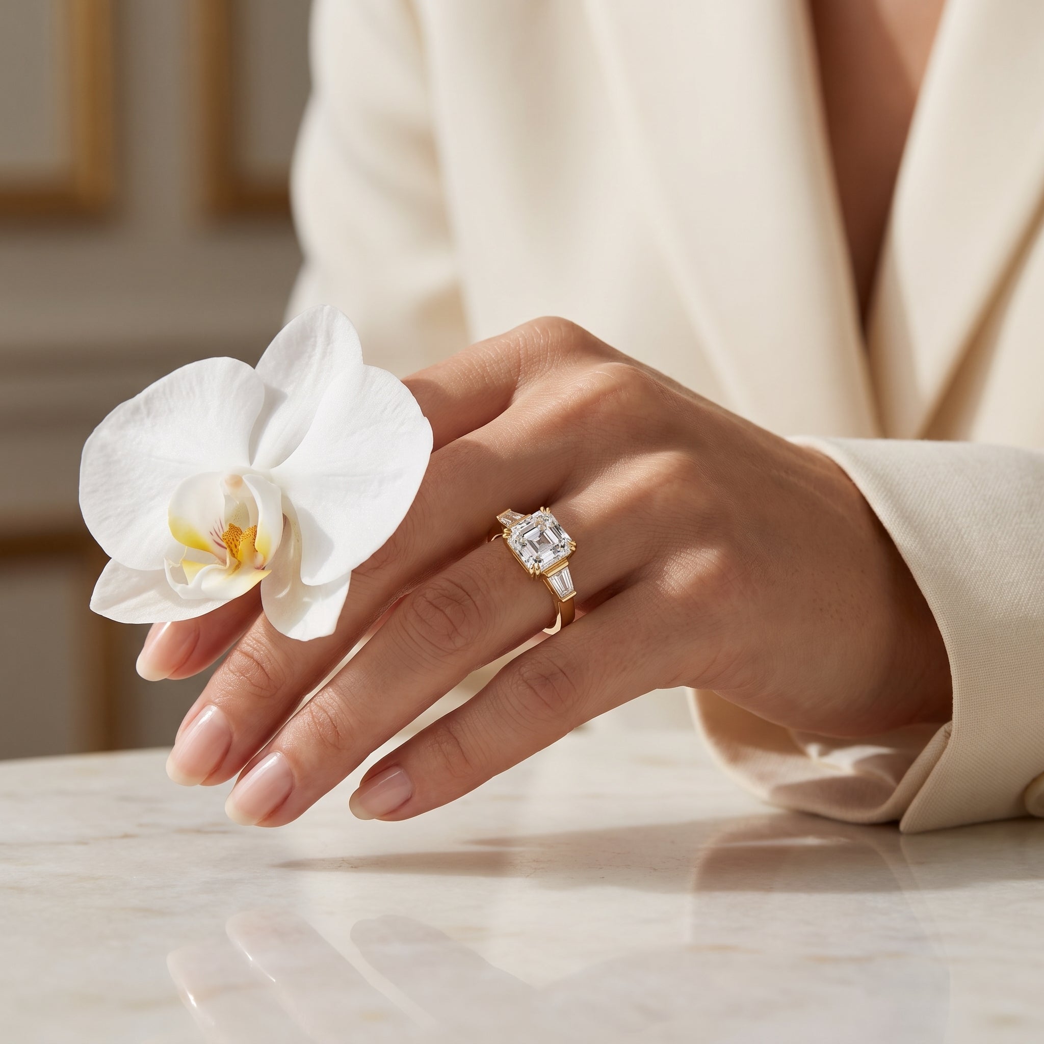 Regal Asscher Cut Three-Stone Moissanite Ring