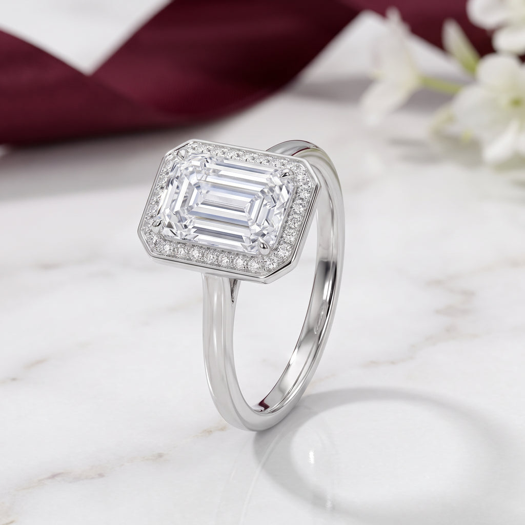 Valencia Emerald Cut Halo Moissanite Engagement Ring