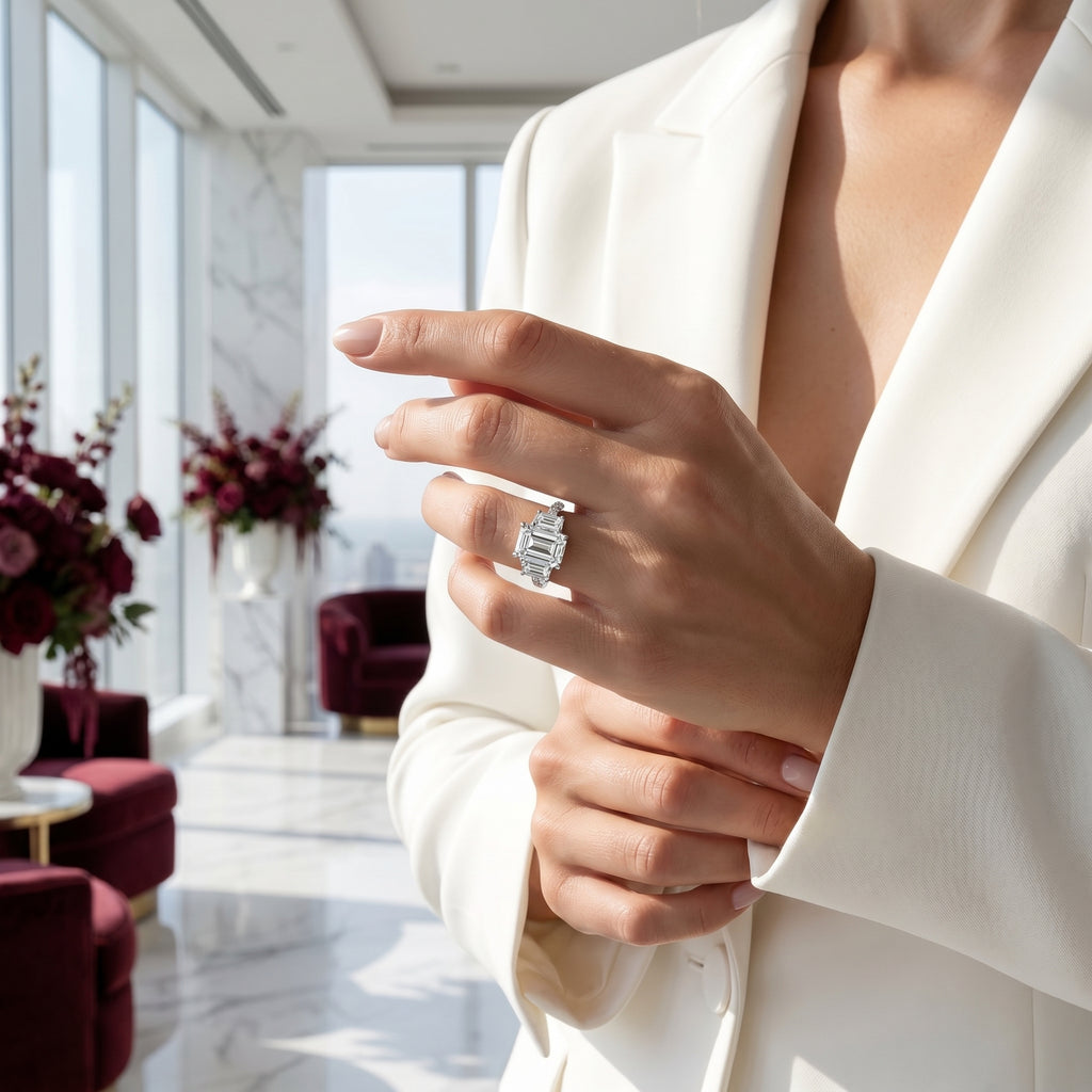 Vivienne Emerald Cut Three Stone Engagement Ring