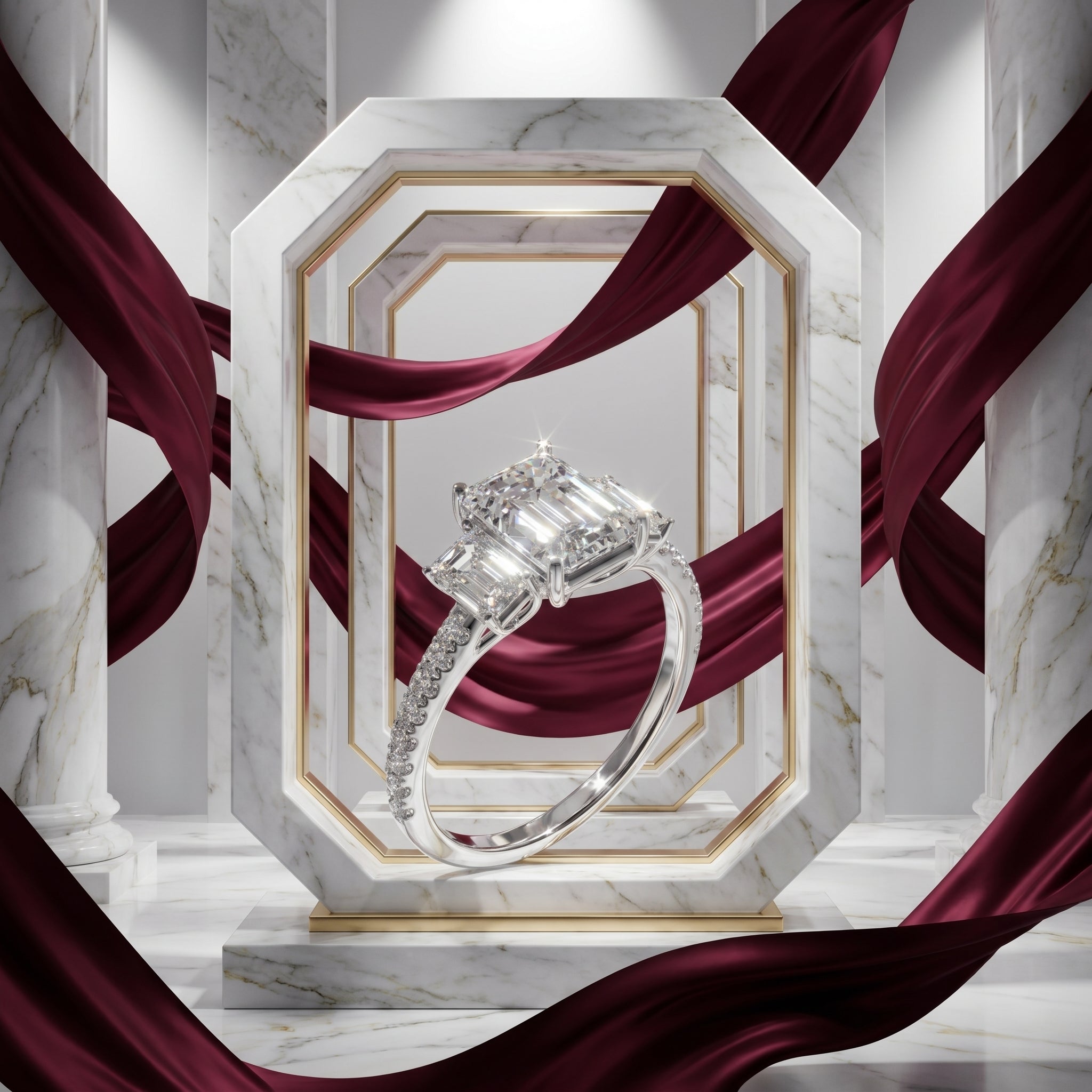 Vivienne Emerald Cut Three Stone Engagement Ring