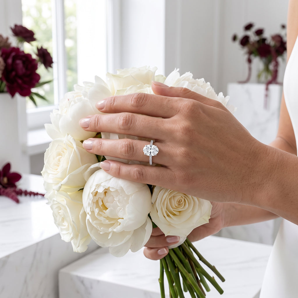 Celestia Oval Solitaire Engagement Ring | 925 Sterling Silver & 18K White Gold Plated