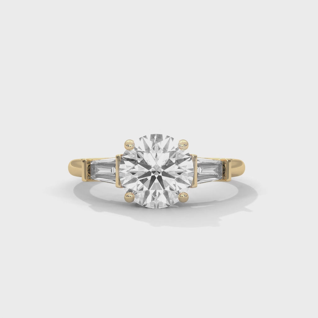 Round Moissanite Ring with Baguette Side Stones | 925 Sterling Silver & 18K Plating