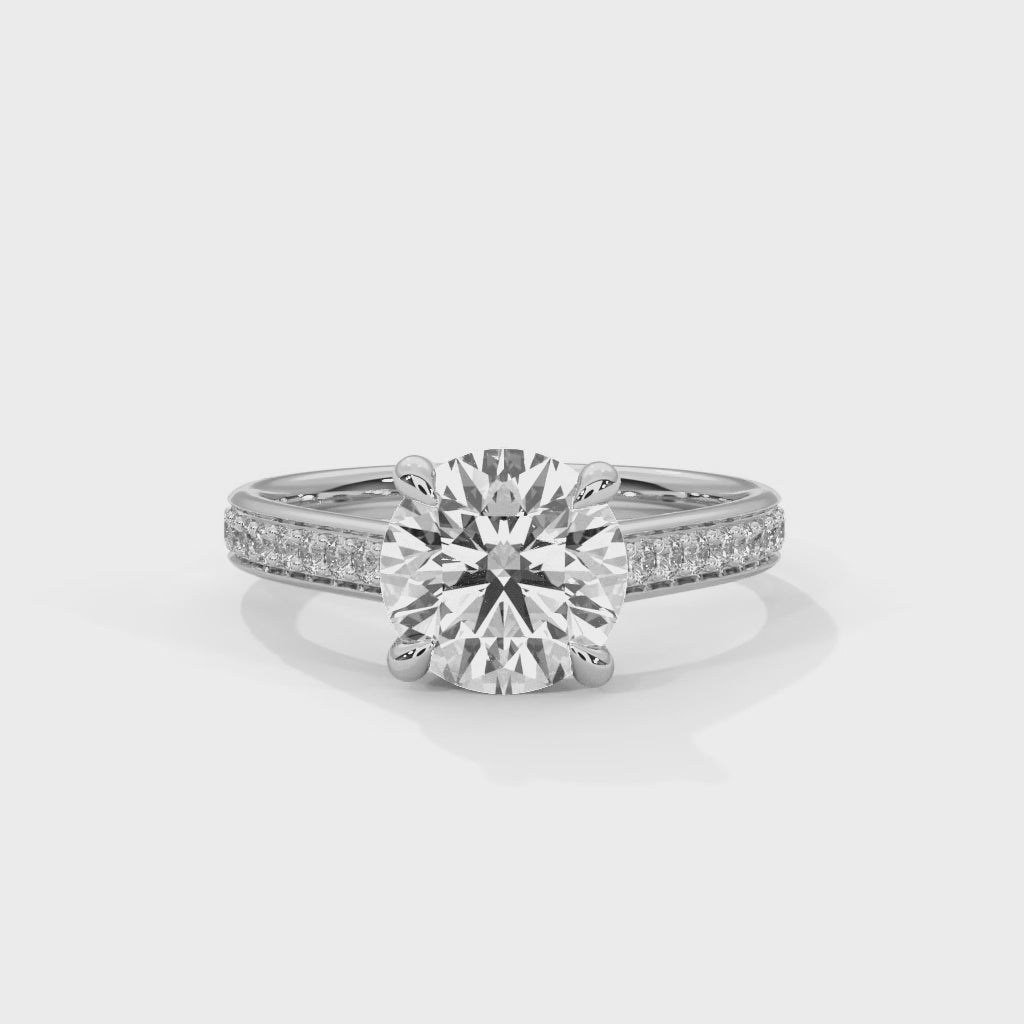 Round Cut Moissanite Solitaire Ring | Pavé Band | 925 Sterling Silver | 18K Plating