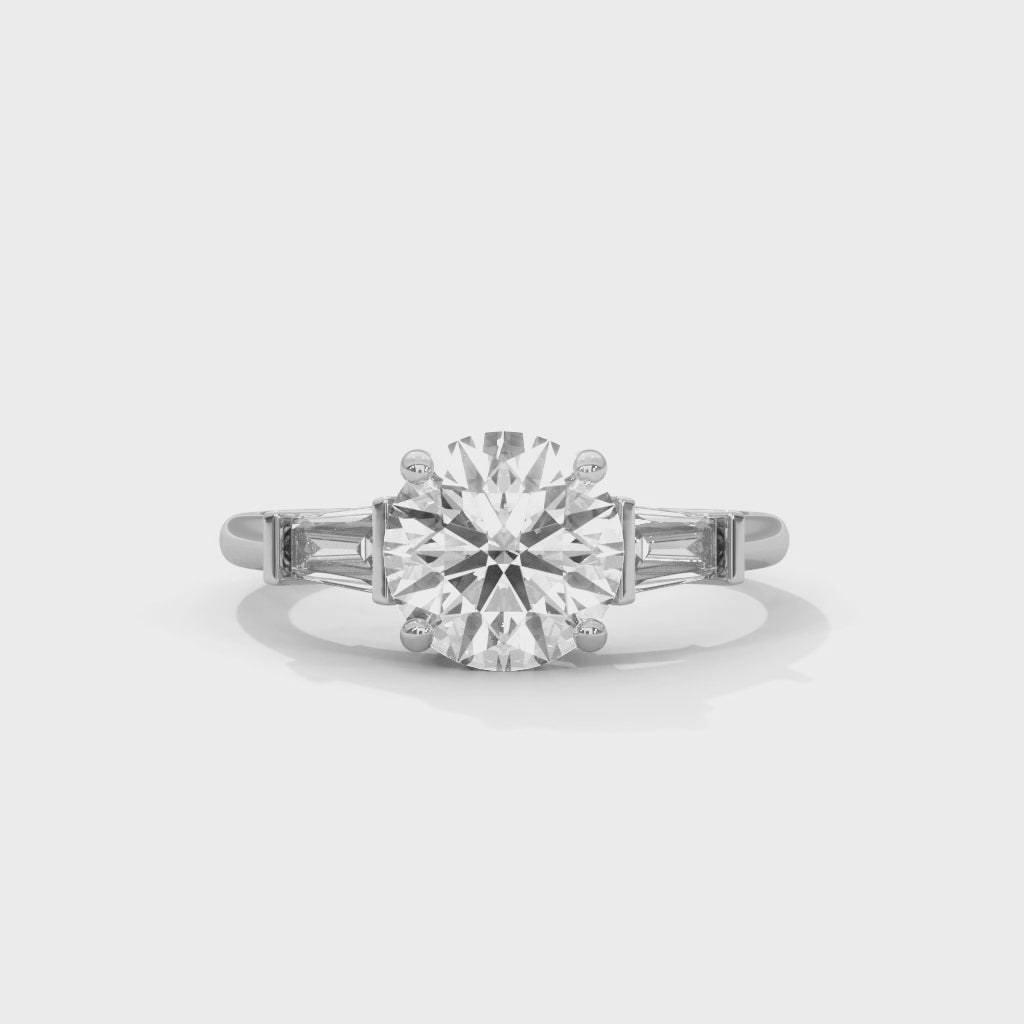 Round Moissanite Ring with Baguette Side Stones | 925 Sterling Silver & 18K Plating