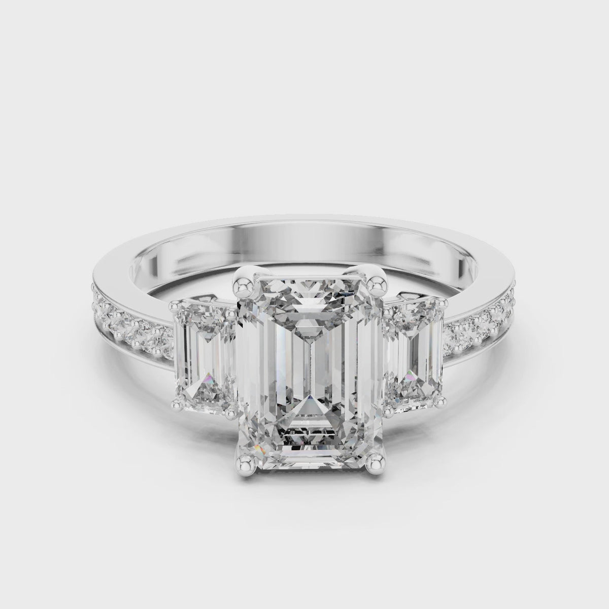 Emerald Cut Three-Stone Engagement Ring | Luxury Pavé Bridal Ring