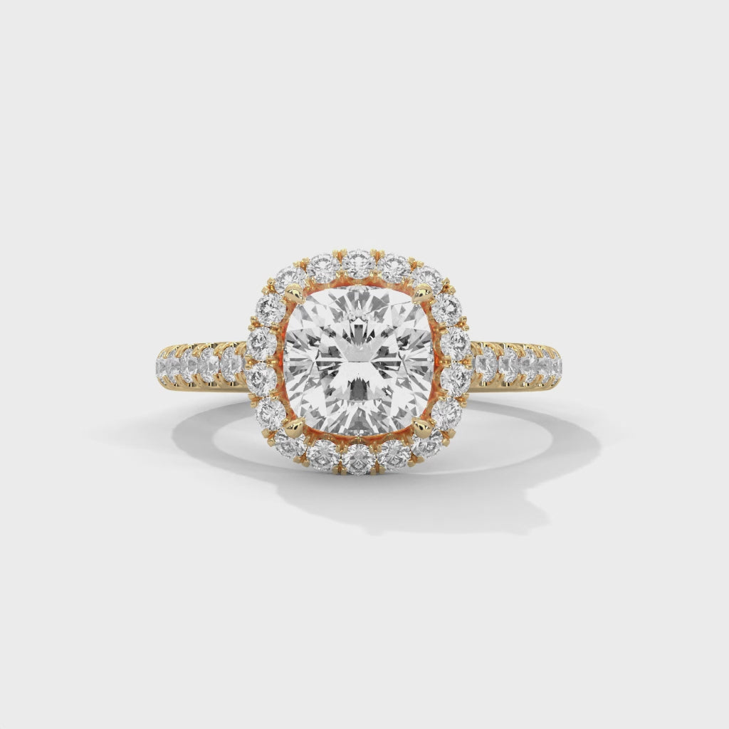 Cushion Cut Halo Moissanite Ring | Pavé Band | 925 Sterling Silver & 18K Plating