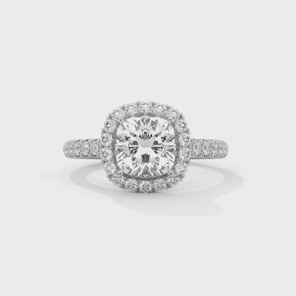 Cushion Cut Halo Moissanite Ring | Pavé Band | 925 Sterling Silver & 18K Plating
