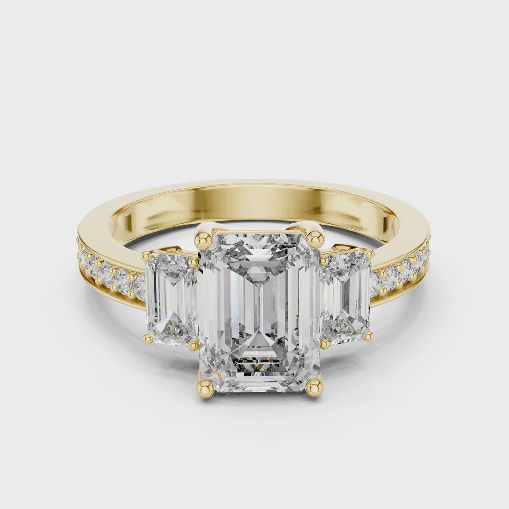 Emerald Cut Three-Stone Engagement Ring | Luxury Pavé Bridal Ring
